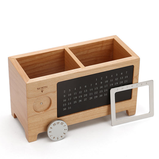 Wooden Two-Compartment Pen Holder with Manual Calendar
