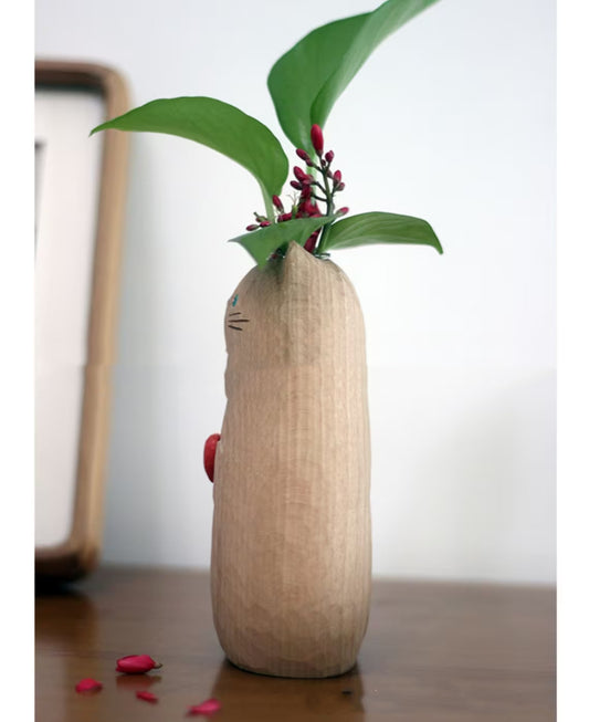 Wooden Heart and Cat Decorative Vase