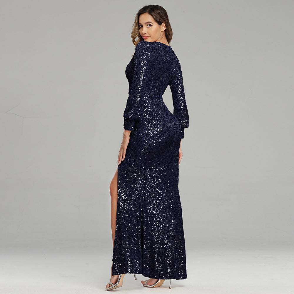 Long-Sleeve Sequin Evening Dress with High Slit