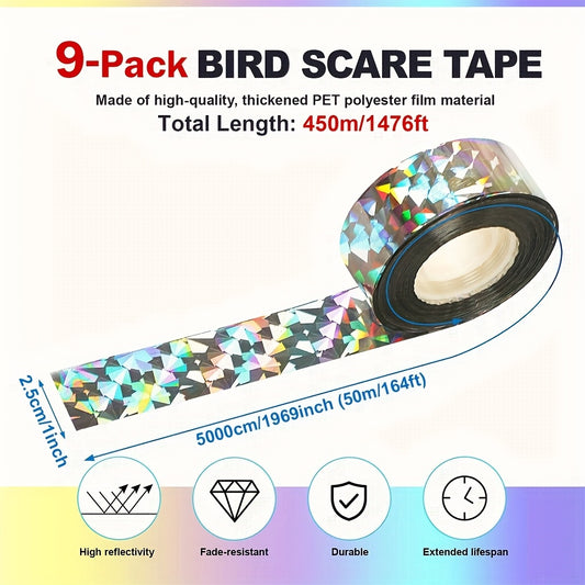 Set of 9 Rolls of Reflective Tape Designed to Deter Birds, Totaling 450 Meters. This Double-Sided Tape Is Effective Against