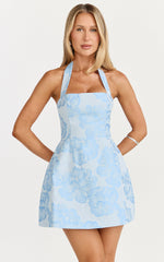 Sky blue floral halter mini dress