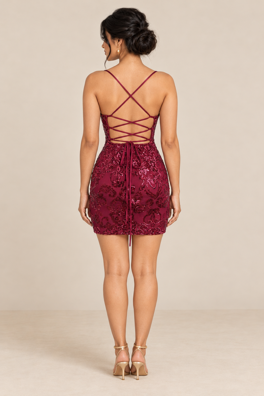 Floral Sequin Square-Neck Mini Dress - Burgundy - product view 4