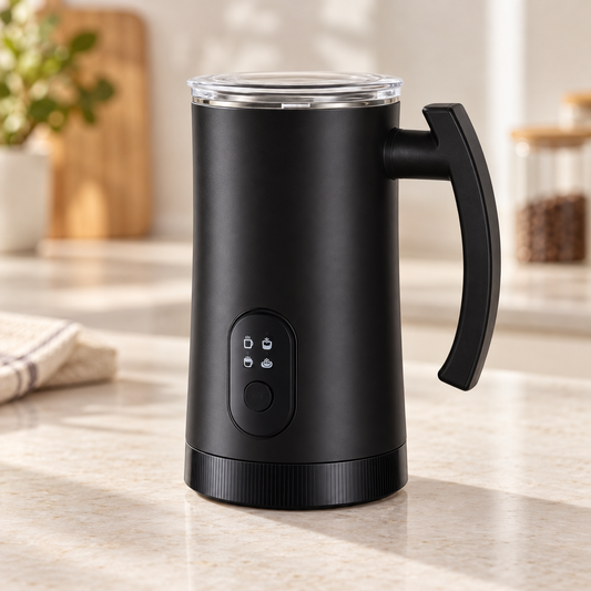 Black FG-M03 4-in-1 Electric Milk Frother with Heating - lifestyle view