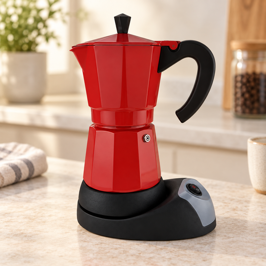 Red 6-Cup Electric Moka Pot with 480 W Heating Base - lifestyle view