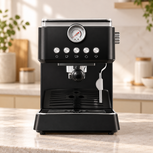 Black QF-N68L Espresso Machine with Pressure Gauge and Steam Wand - lifestyle view