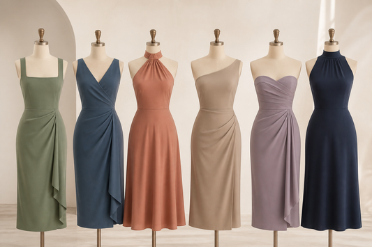 Six dress silhouettes showing square, V-neck, halter, one-shoulder, strapless, and high-neck shapes