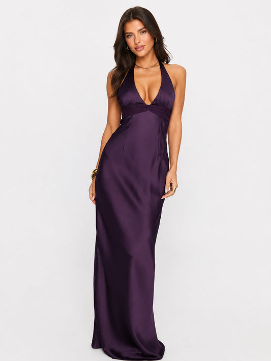 Purple halter maxi dress used for the dress length guide cover