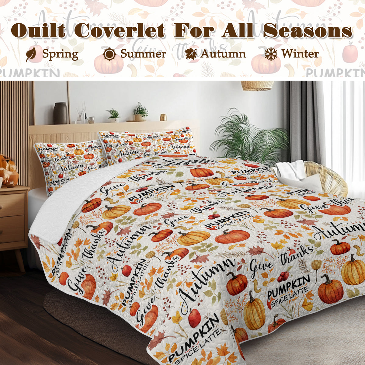 Pumpkin and Autumn Leaves Quilt Set