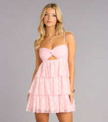Romantic Pink Lace Tiered Mini Dress - Pink - view 1