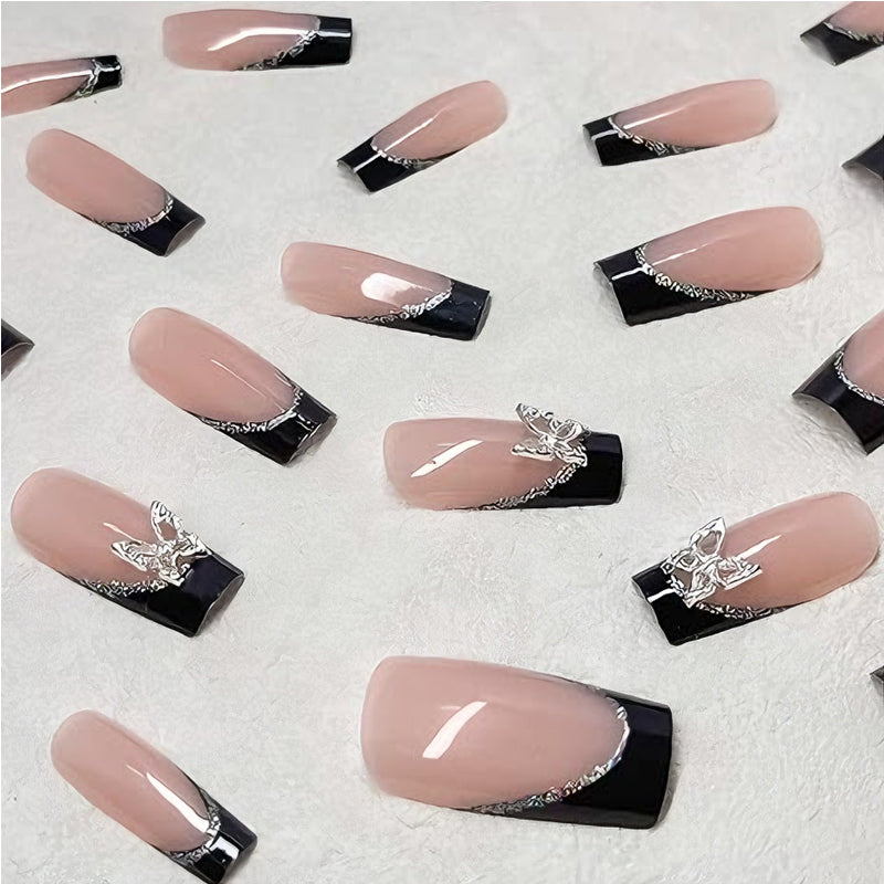Black and Pink Butterfly Press-On Nail Set - 24 Pieces