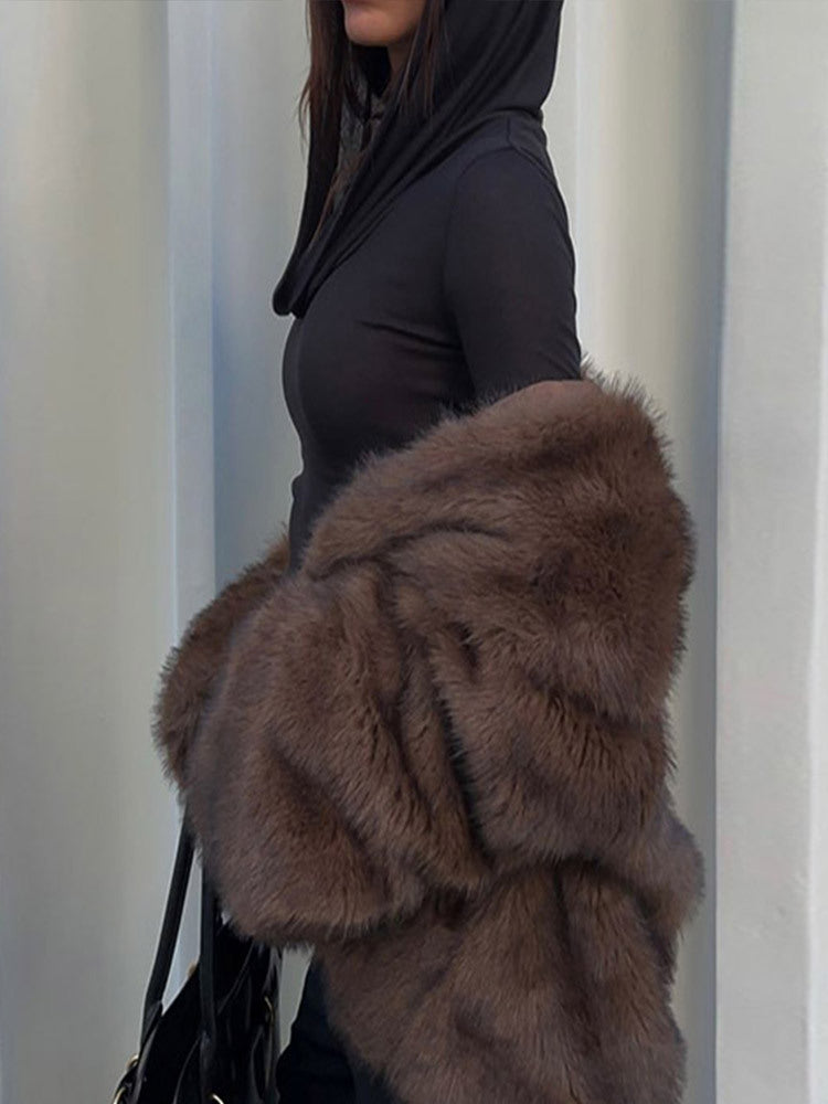 Women's Brown Plush Collared Coat