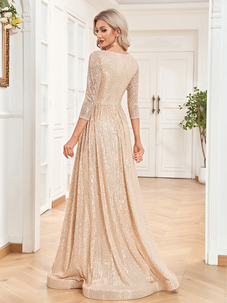 V-Neck Sequin High-Waist Formal Dress