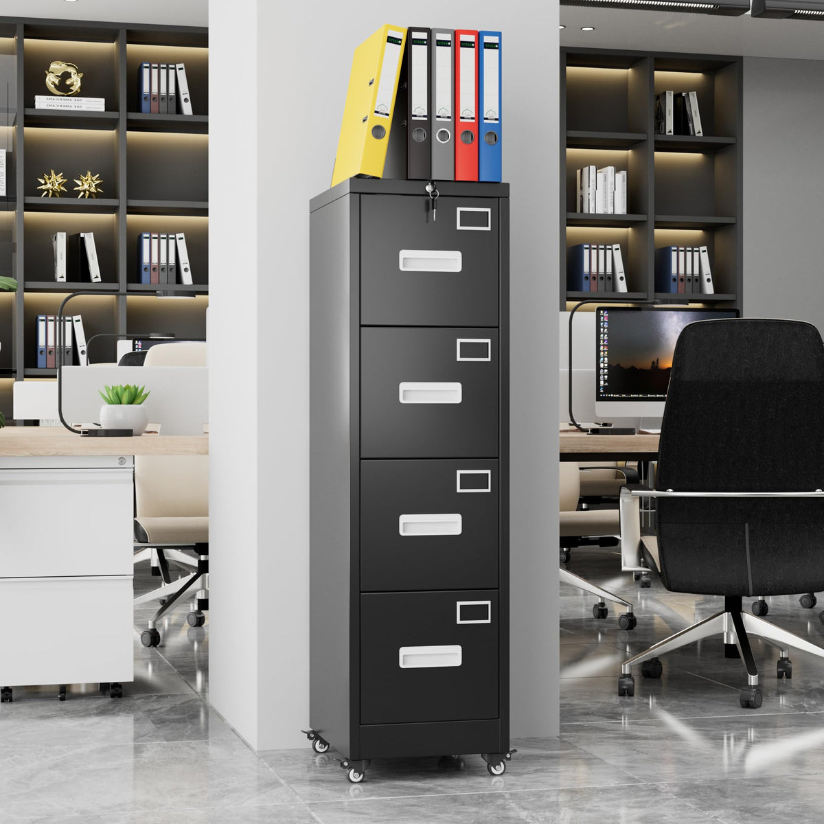 Black Four-Drawer Mobile File Cabinet