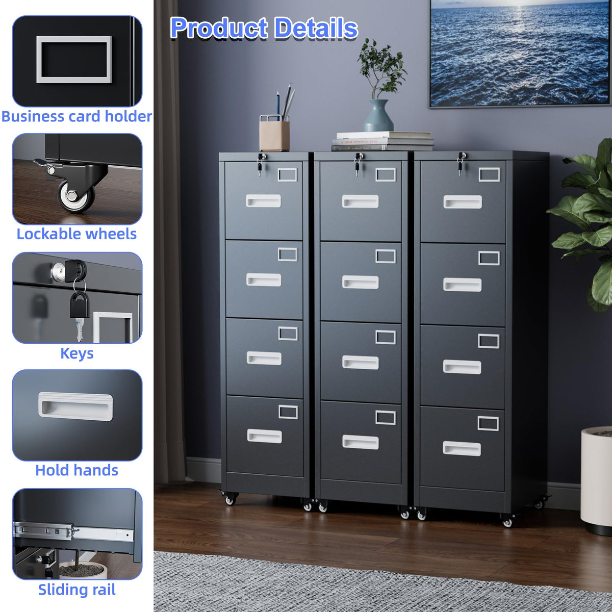 Black Four-Drawer Mobile File Cabinet