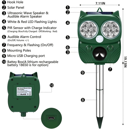 Solar Soundwave technology Animal Repeller, Sonic Animal Repeller, Motion Detection, Flashlights, Dog Cat Repellent,