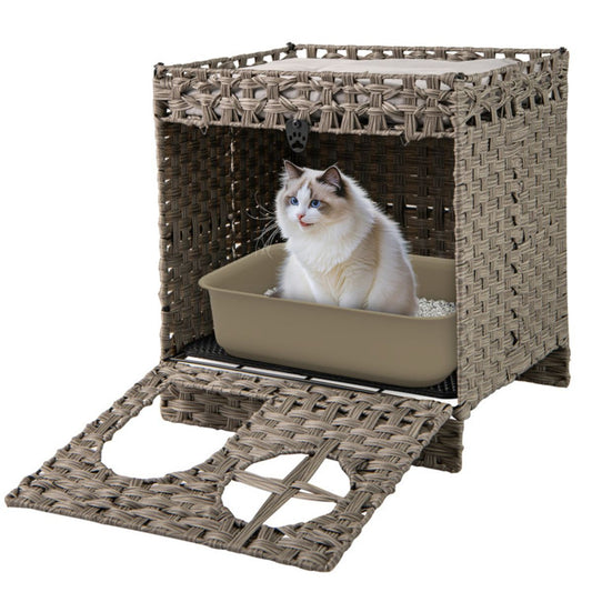 Wicker-Style Litter Enclosure with Upper Resting Platform - View 1