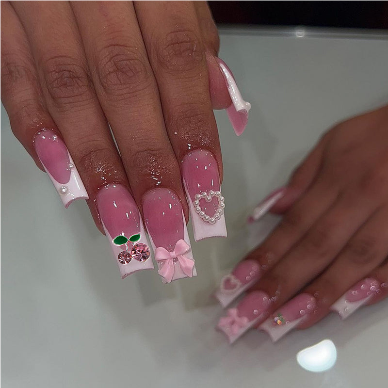 Cherry and Bow Press-On Nail Set - 24 Pieces