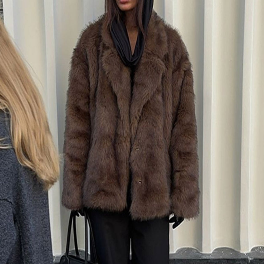 Women's Brown Plush Collared Coat