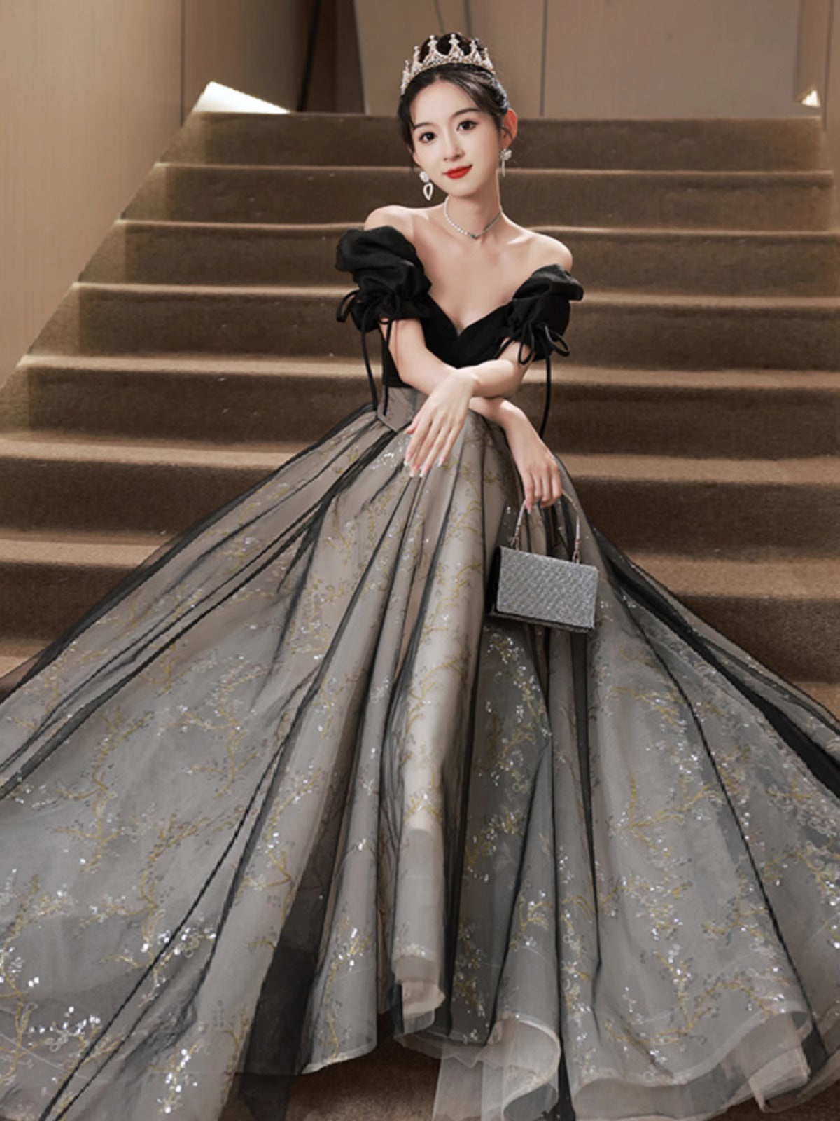 Off-Shoulder Pleated Princess Evening Dress