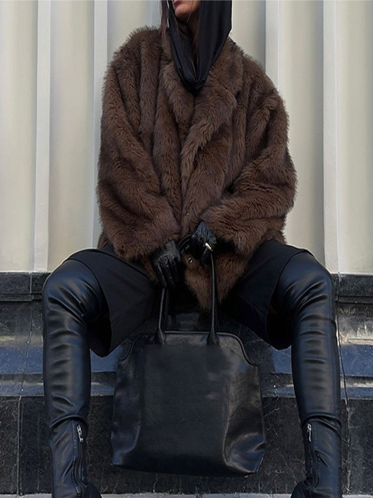 Women's Brown Plush Collared Coat