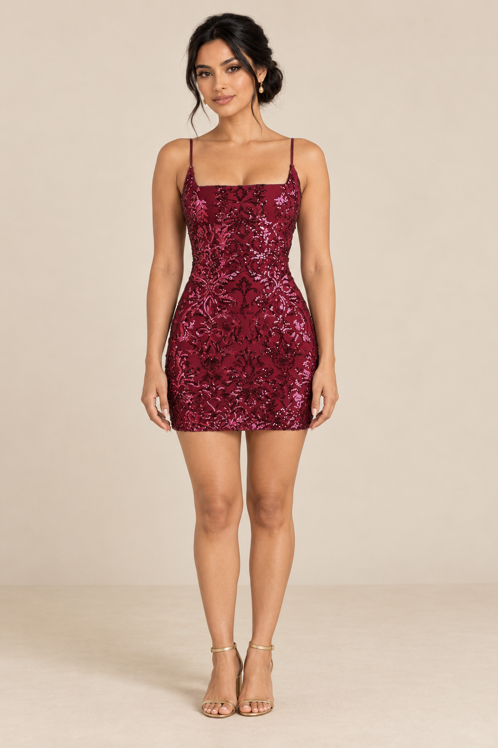 Floral Sequin Square-Neck Mini Dress - Burgundy - product view 1