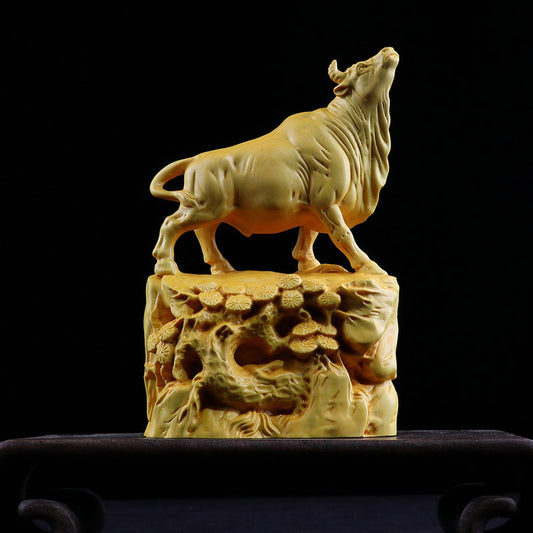 Ox Wood Figurine on Carved Base