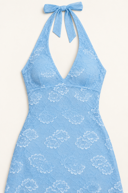Floral Lace Halter Mini Dress - Light Blue - product view 3