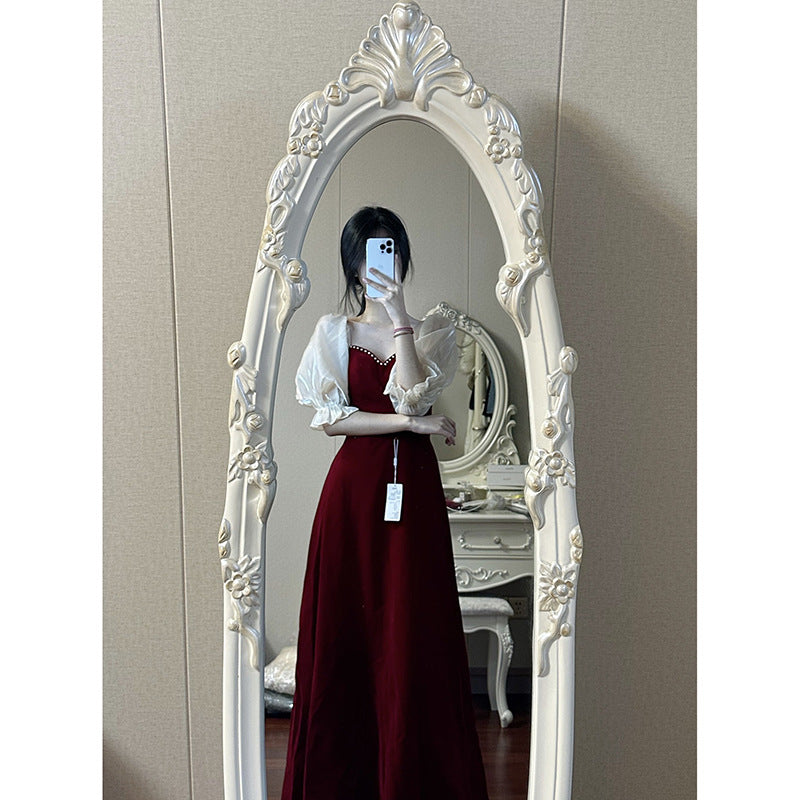Wine Red Puff-Sleeve Evening Dress