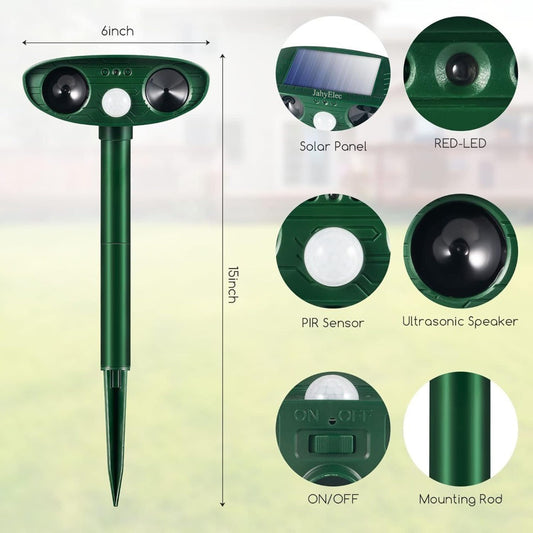 2-Pack Solar-Powered Soundwave Technology Animal Repellent Outdoor Pest Control Suitable for Cats, Deer, Squirrels, Rabbits,
