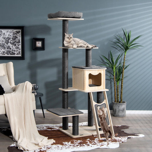 Multi-Level Wooden Cat Tower with Padded Platforms - View 2