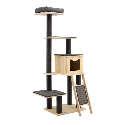 Multi-Level Wooden Cat Tower with Padded Platforms - View 1