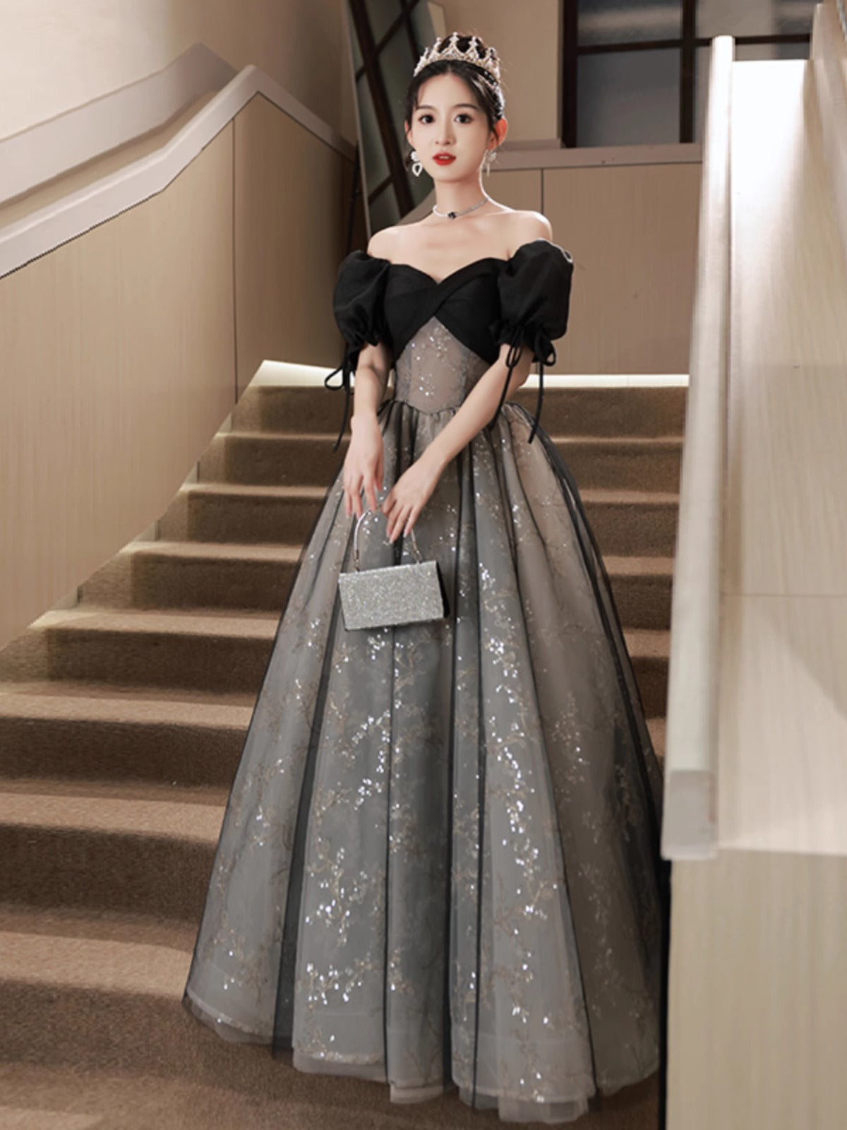 Off-Shoulder Pleated Princess Evening Dress