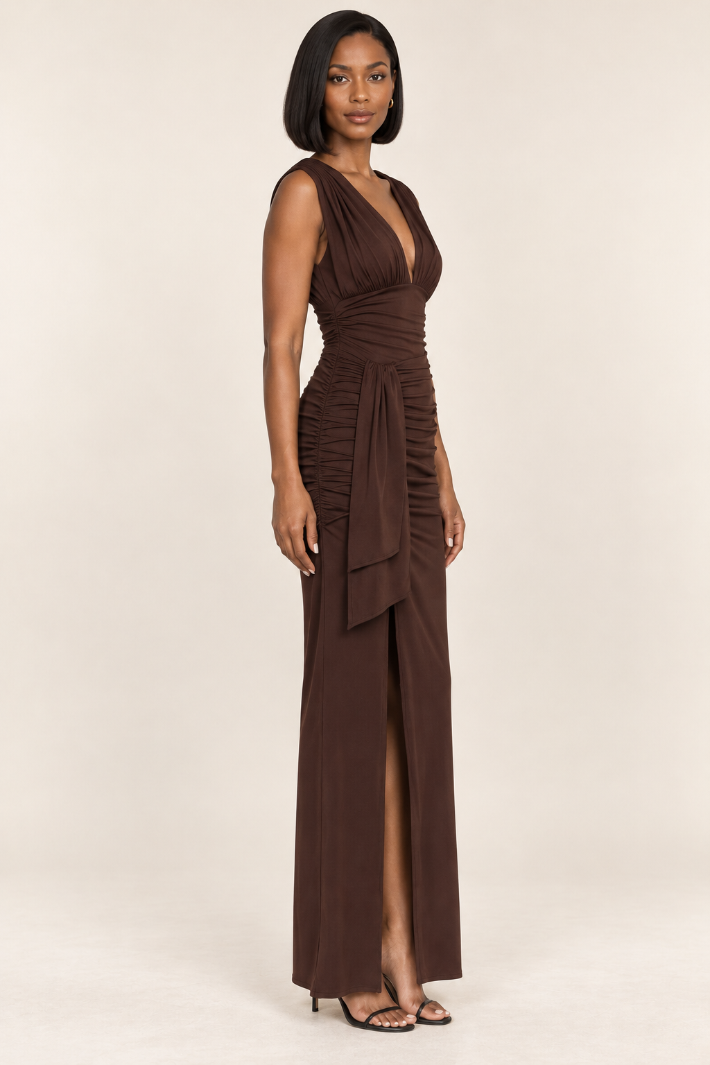 Plunging V-Neck Ruched Slit Maxi Dress - Brown - product view 3