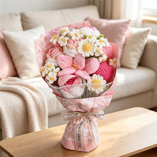 Pink Crocheted Mixed Flower Bouquet