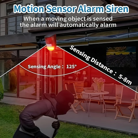[USB Rechargeable Waterproof] 2 Pack Solar Motion Sensor Alarm Outdoor, 129DB Loud Siren With 6 LED Flashing Strobe, Motion