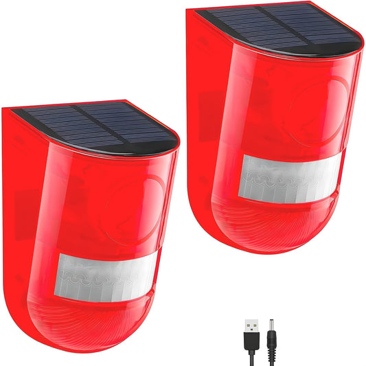 [USB Rechargeable Waterproof] 2 Pack Solar Motion Sensor Alarm Outdoor, 129DB Loud Siren With 6 LED Flashing Strobe, Motion