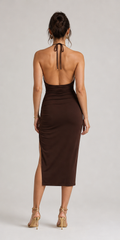 Chocolate Brown Ruched Halter Midi Dress - Brown - view 3