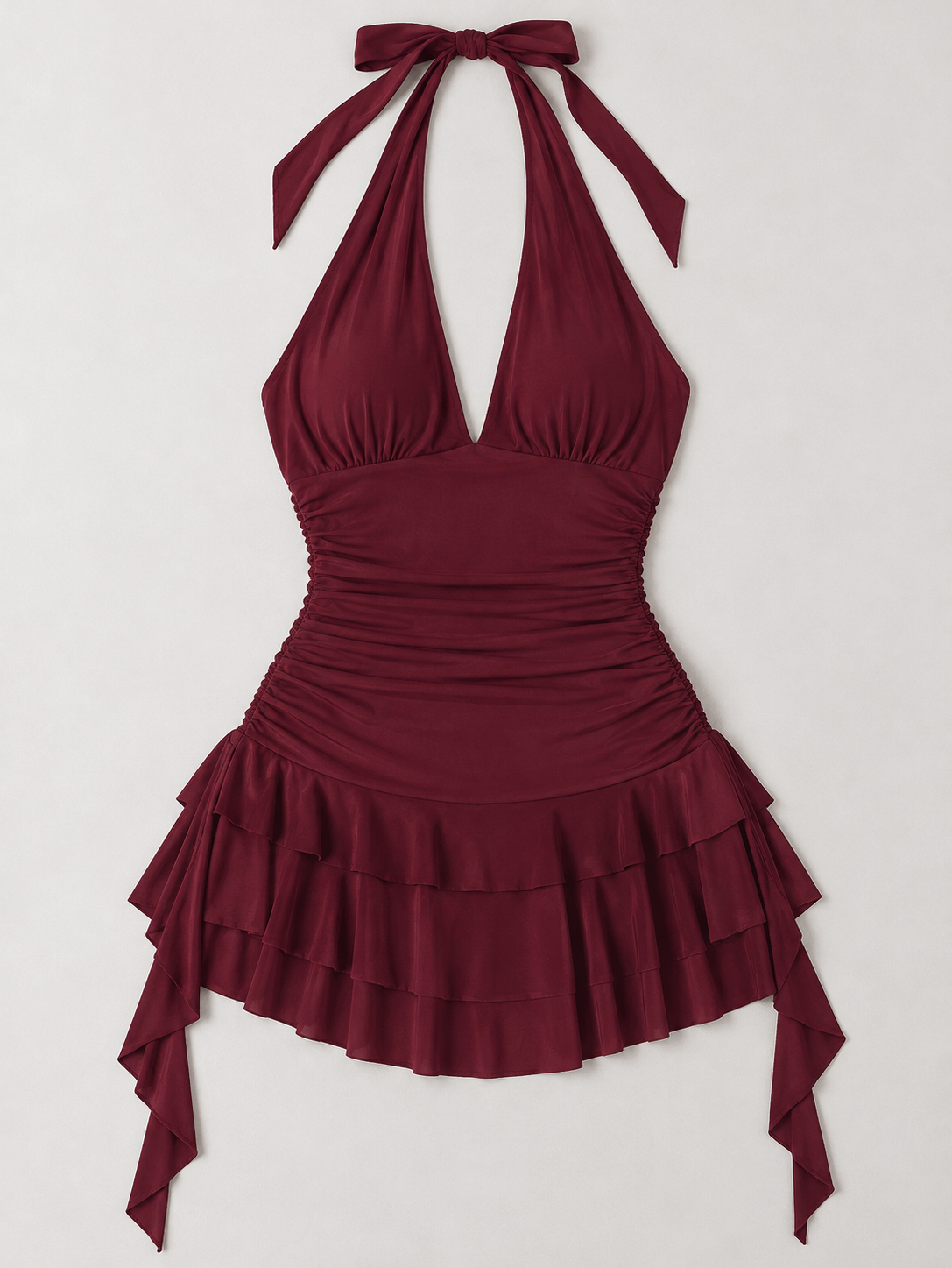Halter Ruffle Tie Mini Dress - Burgundy - product view 4