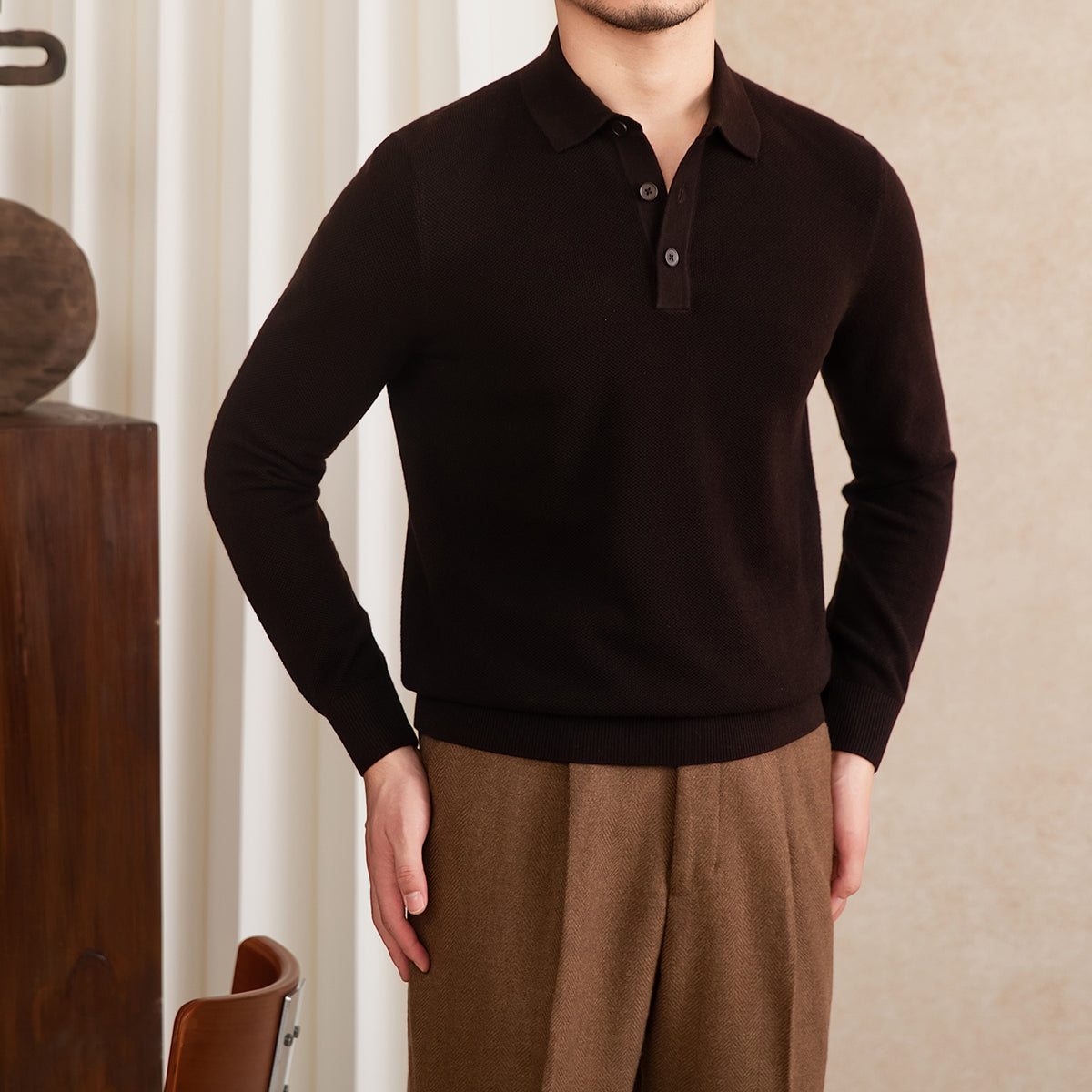 Men's Long-Sleeve Knit Polo Shirt