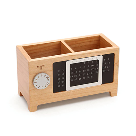 Wooden Two-Compartment Pen Holder with Manual Calendar