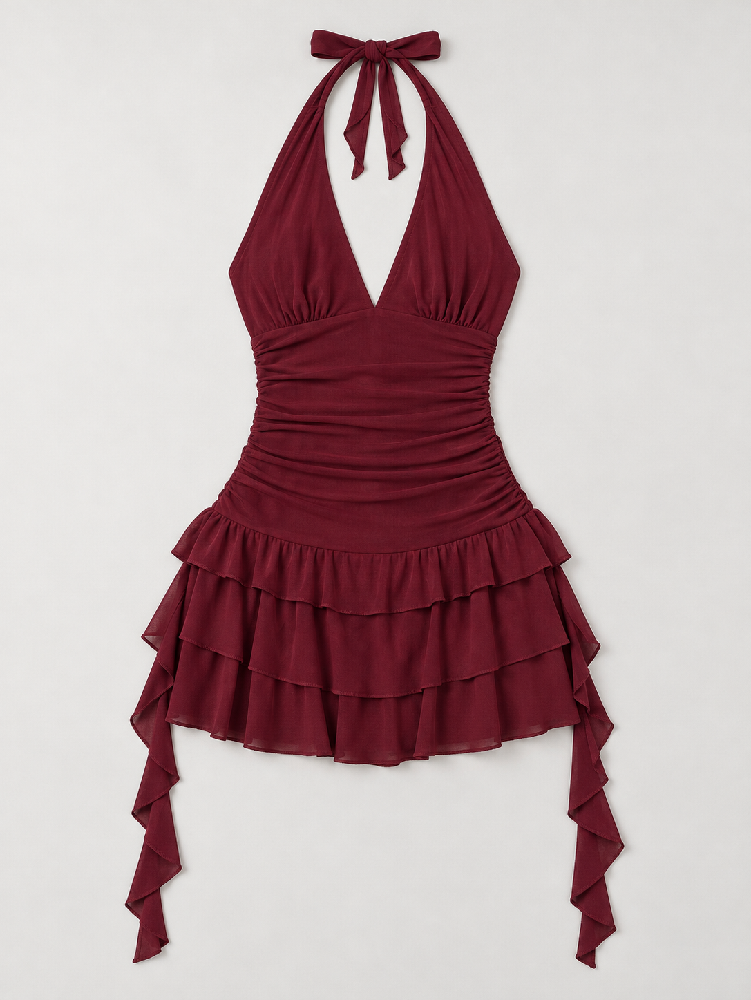 Halter Ruffle Tie Mini Dress - Burgundy - product view 1