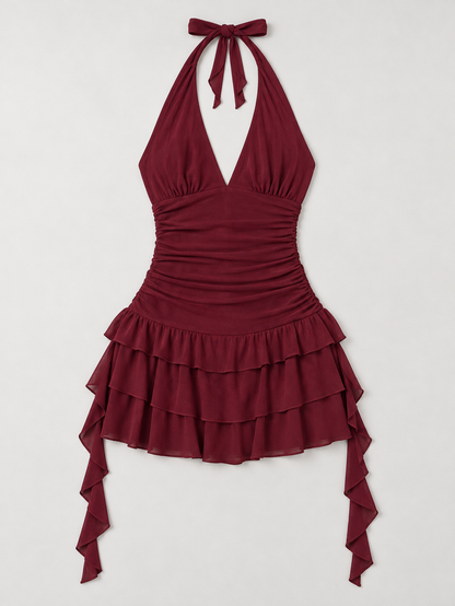 Halter Ruffle Tie Mini Dress - Burgundy - product view 1