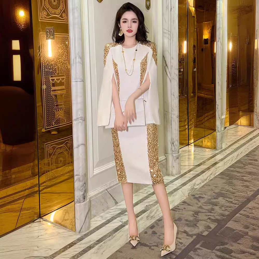 White and Gold Shawl-Style Formal Dress