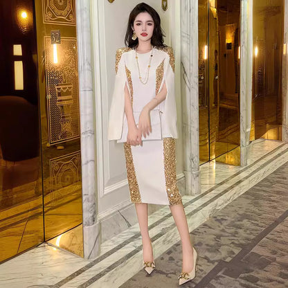 White and Gold Shawl-Style Formal Dress