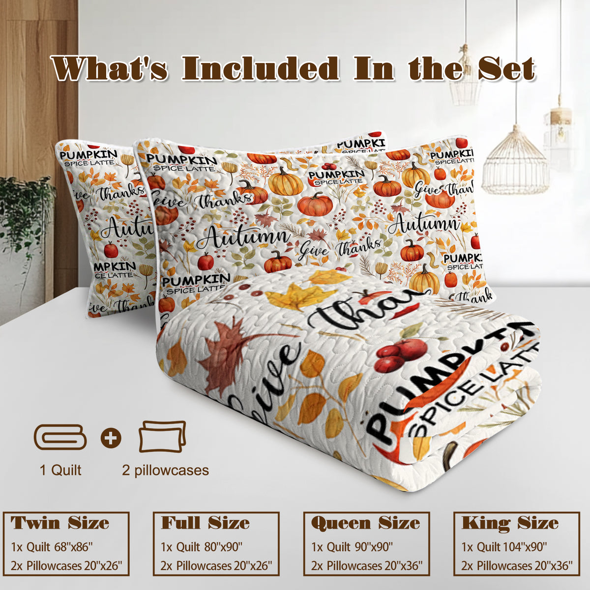 Pumpkin and Autumn Leaves Quilt Set