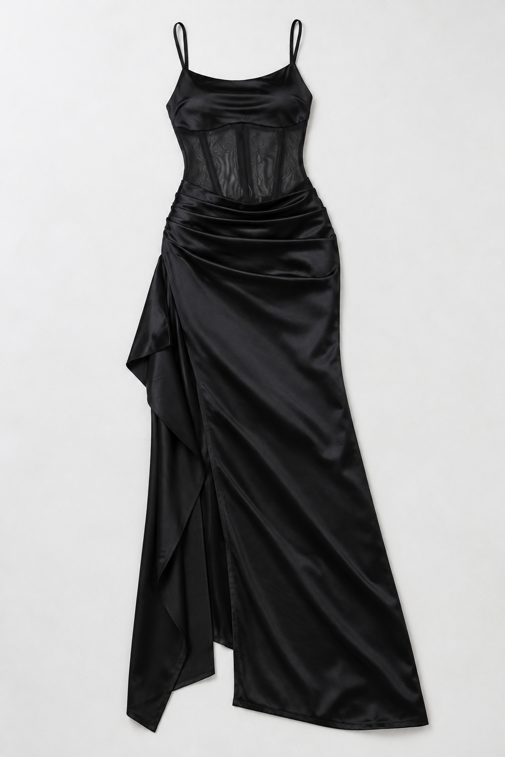 Satin Mesh Corset Slit Maxi Dress - Black - product view 4