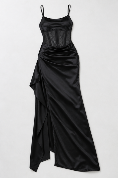 Satin Mesh Corset Slit Maxi Dress - Black - product view 4