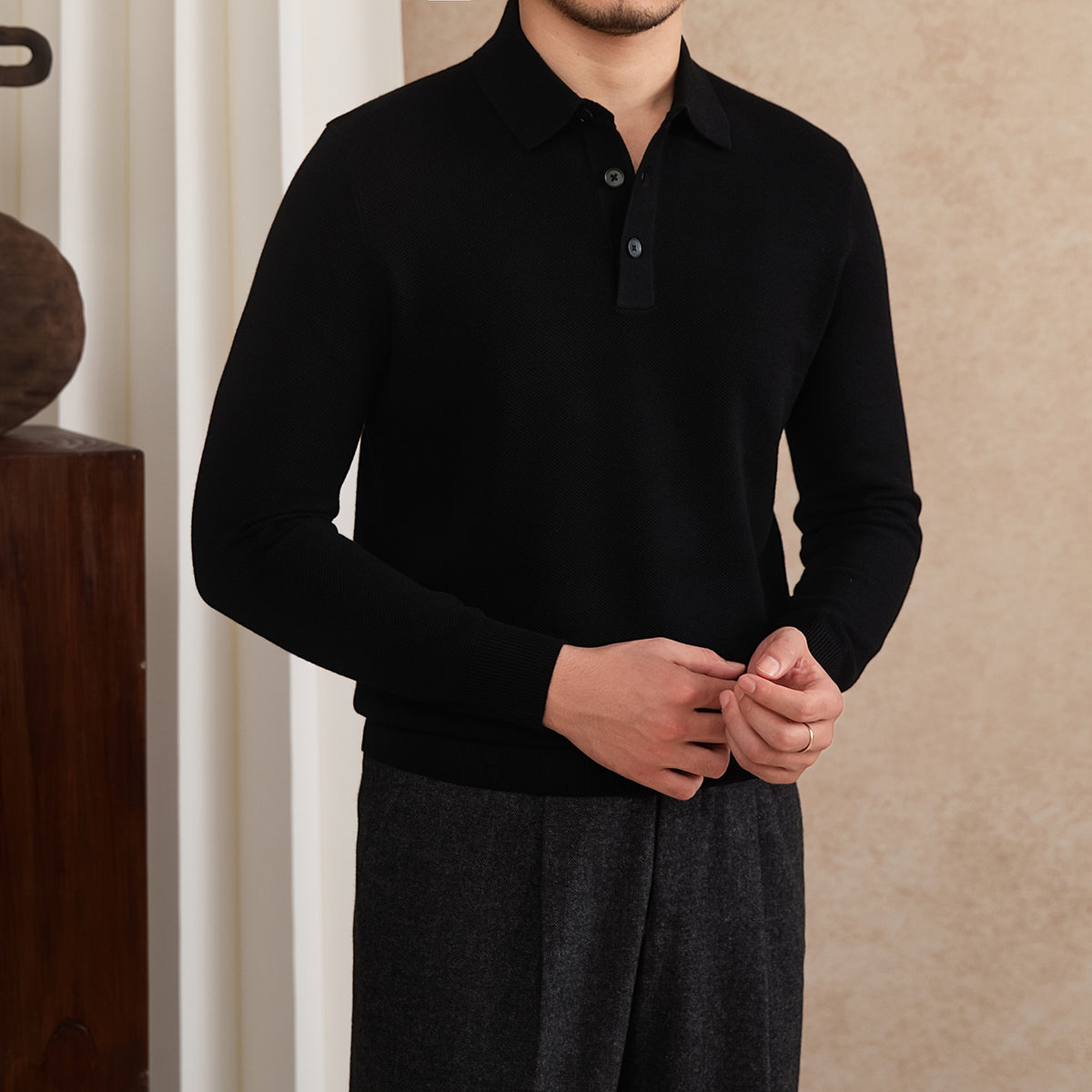 Men's Long-Sleeve Knit Polo Shirt
