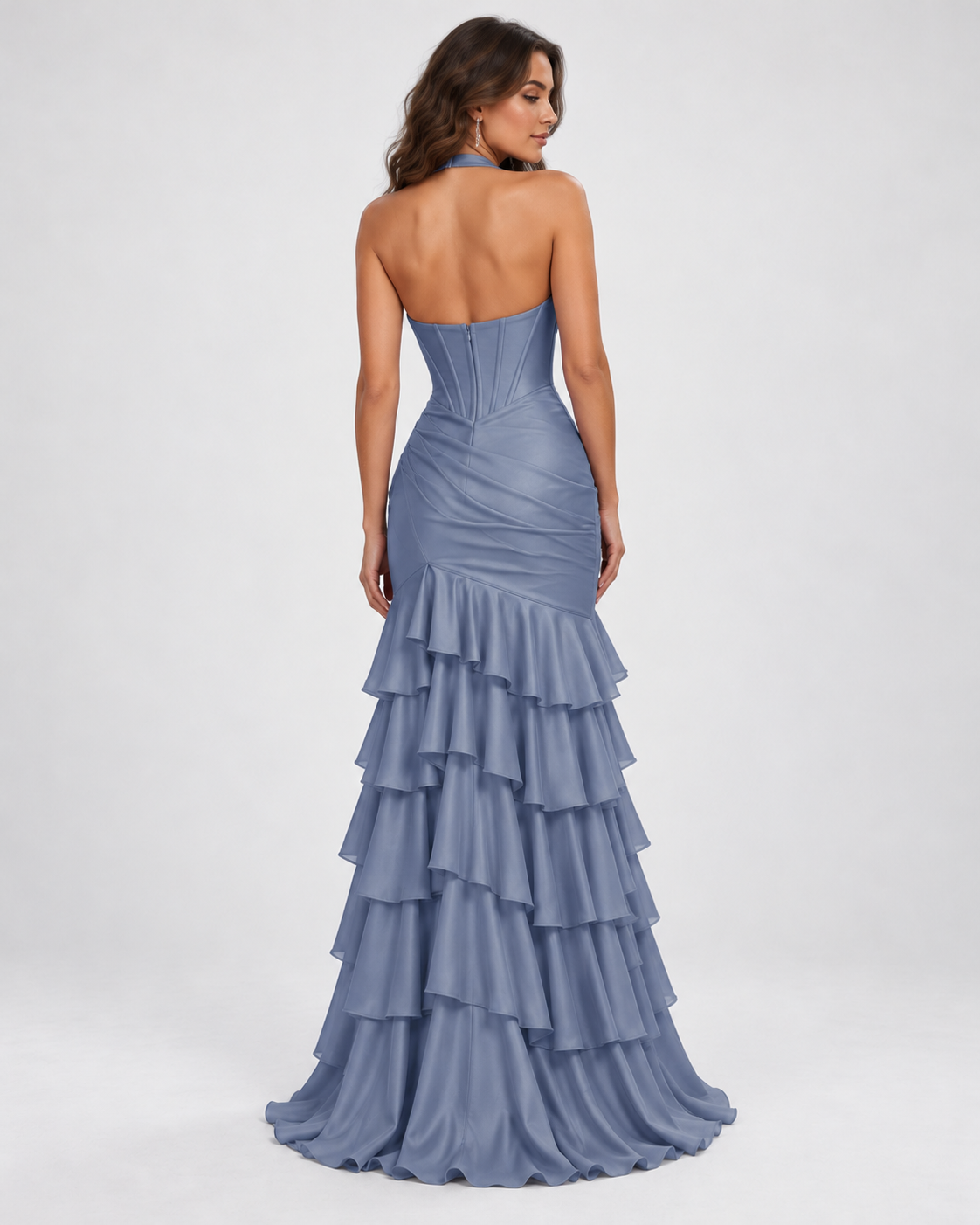 Satin Halter Corset Ruffle Maxi Dress - Dusty Blue - product view 4