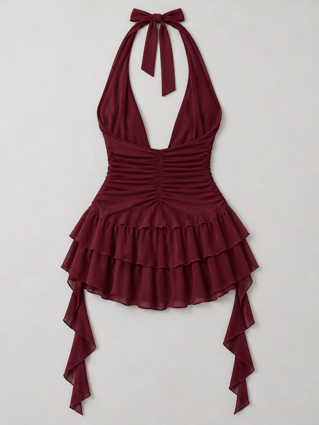 Halter Ruffle Tie Mini Dress - Burgundy - product view 2